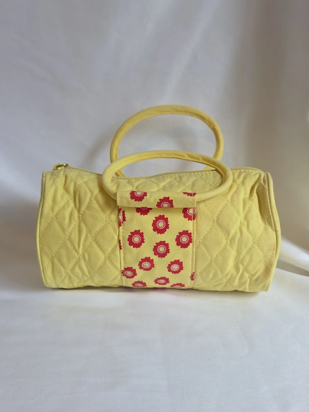 Yellow Quilted Handle Bag with Pink Floral Accent